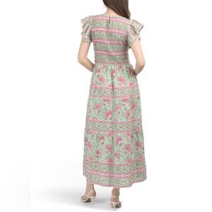 Anthropologie Bindu Guilia Cotton Smocked Maxi Sundress, Pink Green size Small